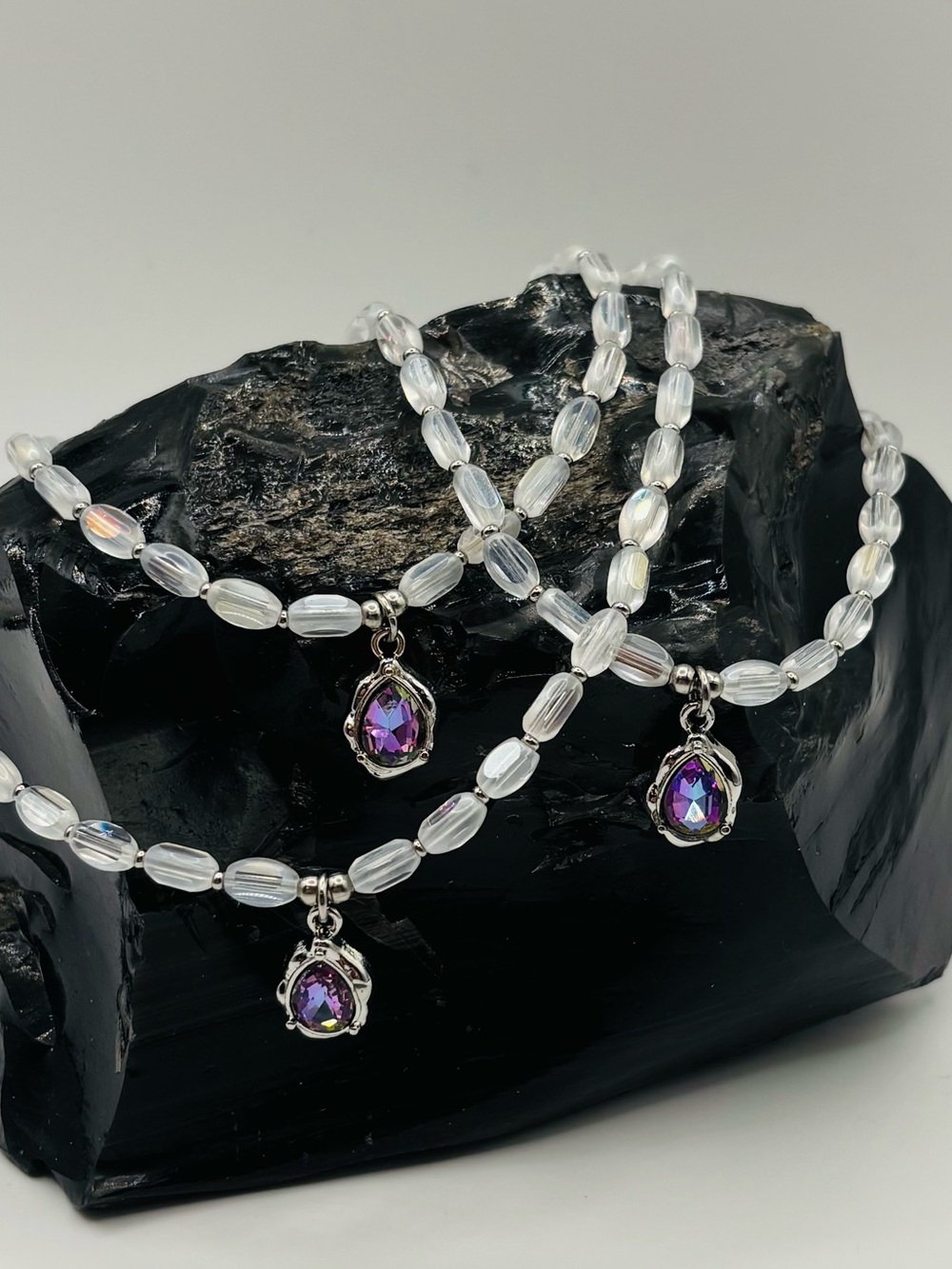 *ANKLET* Silver Tone Teardrop & AB White Crystal Stretchy Anklet